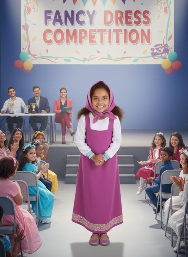 بريميم طقم زي تنكري للأطفال لشخصية ماشا الكرتونية، يتضمن فستانًا بغطاء رأس، مناسب للحفلات التنكرية. - Image 3